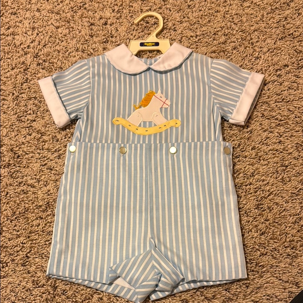 Blue Striped Baby Romper with Rocking Horse
